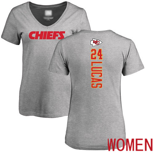Women Football Kansas City Chiefs #24 Lucas Jordan Ash Backer V-Neck T-Shirt